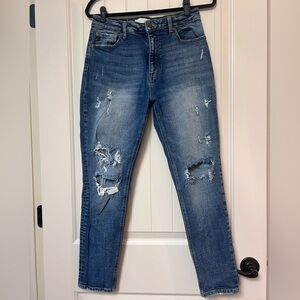 KANCAN, hi rise destructed skinny jeans, dark wash size , 9